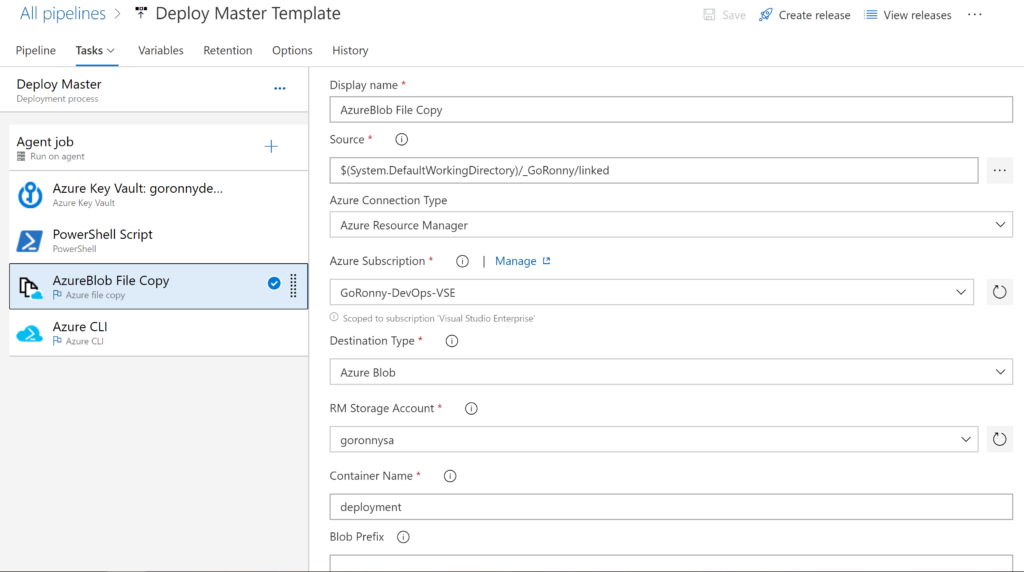 Azure file copy task configuration for uploading linked templates